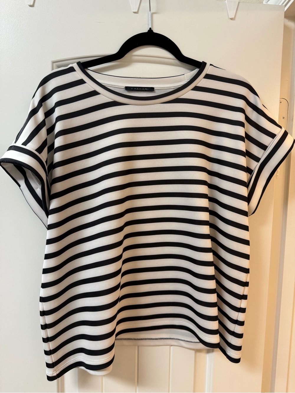 T Tahari Black and White Striped Short Sleeve Top